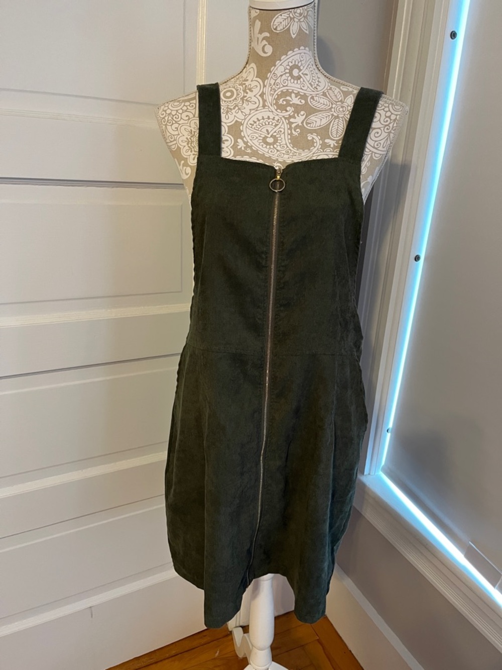 Olive Green Corduroy Gold Zip-Front Pinafore Dress Pockets XL